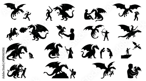 Black Silhouette Dragon and Knight Icons - Fantasy Creatures Art