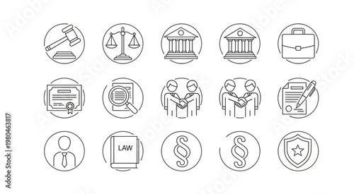 Legal Icons Representing Justice, Law, and Courtroom Symbols in a Circular Design.