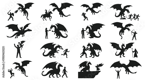 Black  White Silhouette Icons: Dragons, Knights, Warriors, Fantasy Art