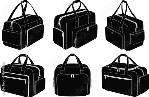 Flat vector duffel bag line art, six unique travel luggage illustration set
