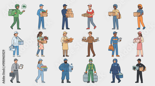 People carrying boxes and packages in delivery and moving scenes. Flat vector characters showing courier service, logistics, shipping, and parcel handling activities.
