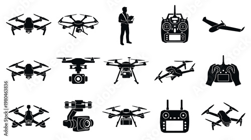 Modern Drone Technology Glyph Icons Set - UAV, Quadcopter, Remote Control  Pilot