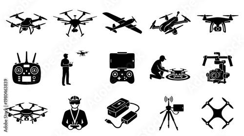 Drone Icons Set, Technology Glyph Vector Collection