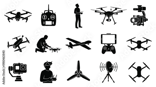Drone Technology Vector Icons: Quadcopters, Remote Control, Camera, Propellers