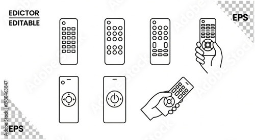 Collection of various remote control devices in simple outline style.