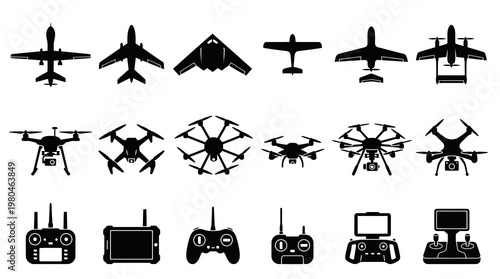 Black  White Drone and Aircraft Icons with Controllers - Technology Vector