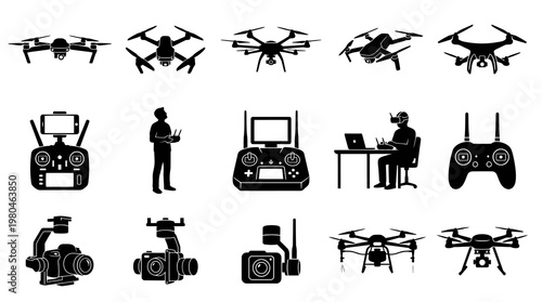 Drone Technology Icons: Aerial Vehicles, Controllers, Cameras, and Operators
