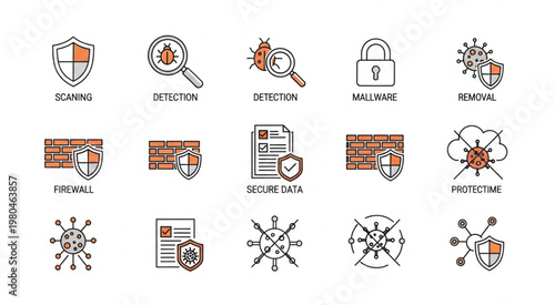 Cybersecurity Icons Depicting Protection, Detection, and Firewall Concepts.