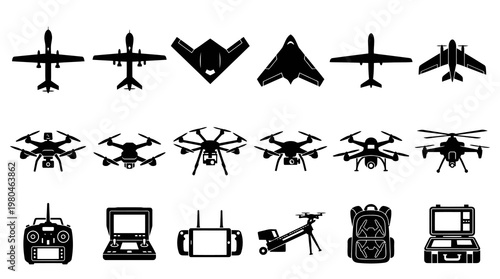 Drone Technology Icons: Aircraft, Quadcopters, Controllers, Backpack, Case