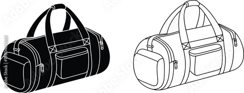 Flat vector duffel bag line art, filled silhouette travel luggage illustration