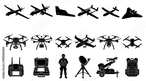 Military drones and aircraft vector icons, modern technology, black and white glyphs