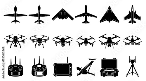 Drone Technology Icons: Aircraft, Drones, Controllers, Case, Tripod - Glyph