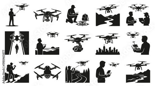 Drone Technology Black  White Icon Set, Aerial Photography, Surveillance