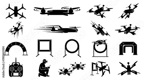 Drone Technology Icons: Quadcopters, FPV Racing, Remote Control