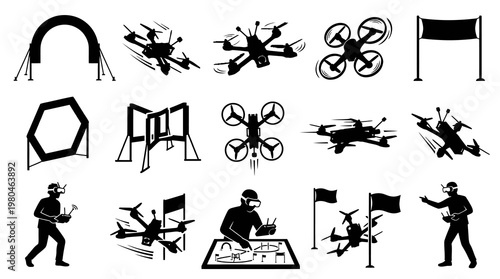 Drone Racing Icons: FPV Quadcopter, Gates, Pilots, Vector Art