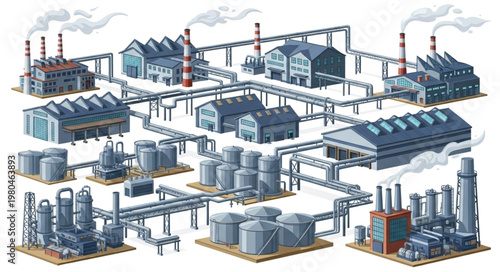 Industrial Factory Complex with Smokestacks and Pipelines.
