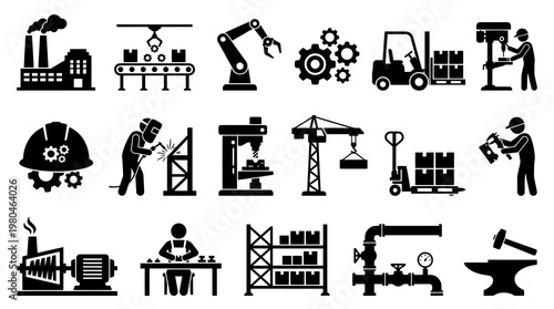Industrial Icons Set: Factory, Robot Arm, Forklift, Welder, Crane, Tools, Black  White Glyph