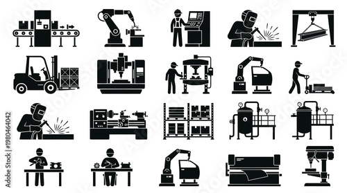 Industrial machinery and factory automation glyph icons, vector illustration