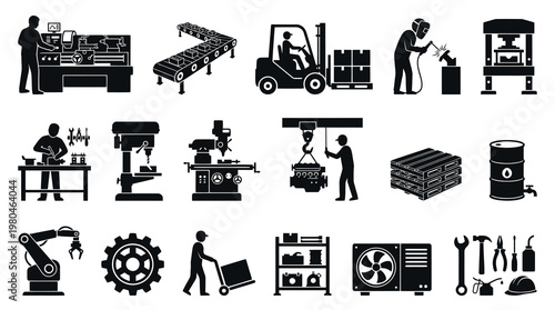 Industrial Manufacturing Icons: Machinery, Workers, Equipment, Factory Workflow