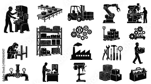 Industrial Machine Icons: Factory, Robot, Forklift, Welder, Tools, Warehouse