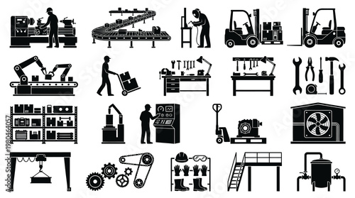 Industrial factory equipment icons: machinery, tools, forklift, conveyor belt, robotics