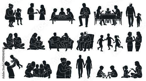 Black  White Silhouettes of Diverse Families Enjoying Life