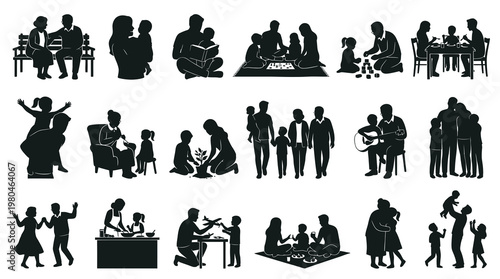 Family Silhouettes: Diverse Activities and Relationships, Black  White Glyph Art