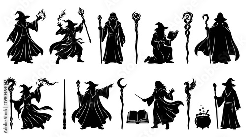 Black and White Wizard Silhouettes for Fantasy Magic Stock Art