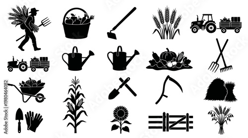 Black and White Farm Icons: Farmer, Tractor, Harvest, Tools, Crops, Garden