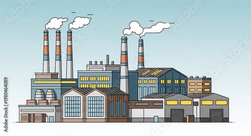 Industrial Factory Building with Smoke Stacks Emitting Smoke.