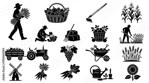 Agriculture Farming Icons Set: Black and White Silhouettes of Farmers, Crops, Tools, and Machinery