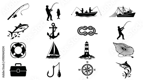Fishing and Marine Icons Set. Nautical and Angling Black and White Glyph Silhouettes