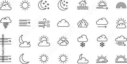 Minimal Weather Line Icon Set Including Sun Cloud Moon Wind Rain Snow Forecast Symbols for Apps Websites UI Design