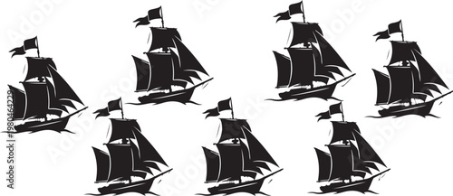 Black sailboat, sail ship, vector icons, nautical symbols, 6 ships