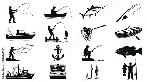 Fishing and Angling Sport Equipment Black  White Silhouette Glyph Icons Set