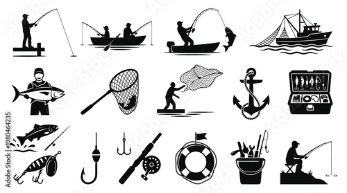 Fishing Sport  Hobby Black and White Vector Silhouettes Icons Set