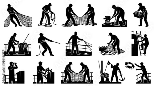 Fishermen and Marine Crew Working Silhouette Icons - Fishing Industry Activities Set