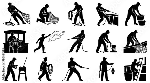 Fishing and Maritime Industry Silhouettes Set - Fishermen  Sailors Working Icons
