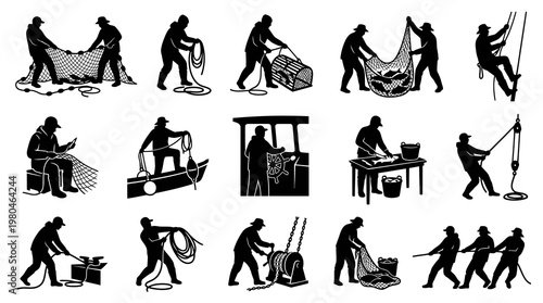 Fishing Industry Activities Vector Silhouettes Set - Fishermen at Work