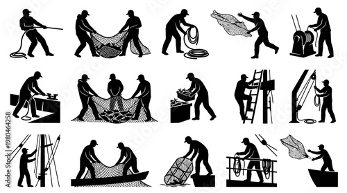 Fishing Industry Fishermen at Work Vector Silhouette Illustration Set