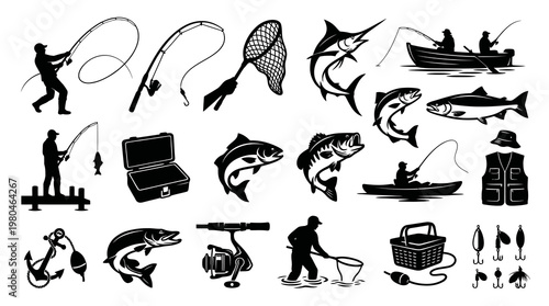 Fishing Industry Gear and Fishermen Silhouette Vector Icons Set - Black and White