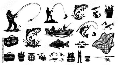 Black and White Fishing Icons Set