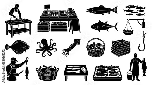 Black and White Fishing and Seafood Market Glyph Icons Set