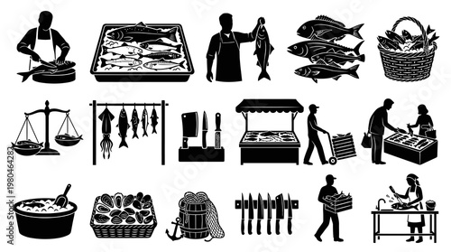 Black and White Icons of Fish Market and Seafood Preparation