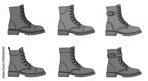 Six pairs of stylish combat boots in various designs and styles for fashion.