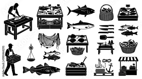 Fishing Industry Black  White Silhouette Icons: Fisherman, Fish Market  Gear
