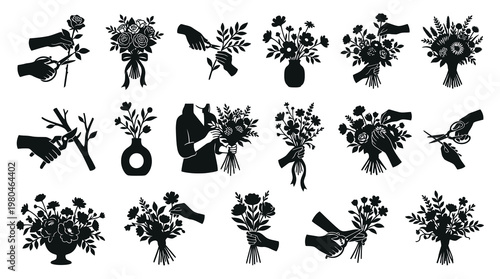 Black  White Silhouettes of Florist Hands Arranging and Cutting Flowers