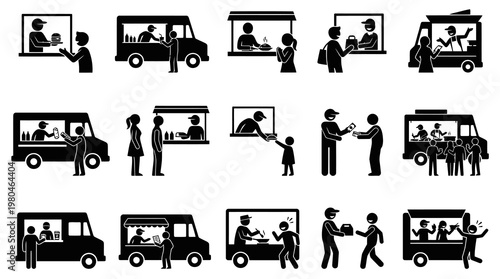 Food Truck Business Icons: Customer Transactions, Delivery, and Service - Black and White