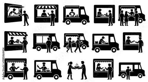 Food Truck  Street Food Stall Icons - Black  White Vector