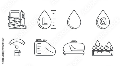 Fuel and measurement icons representing various liquid quantities and gauges.